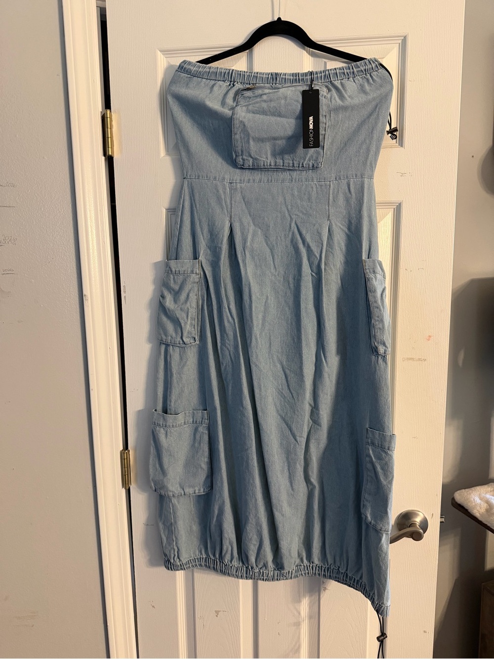 Fashion Nova Light Blue Strapless Denim Midi Dress with Utility Pockets